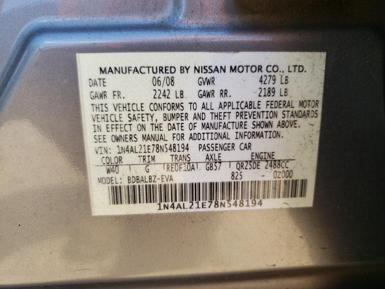 1N4AL21E78N548194 2008 Nissan Altima 2.5