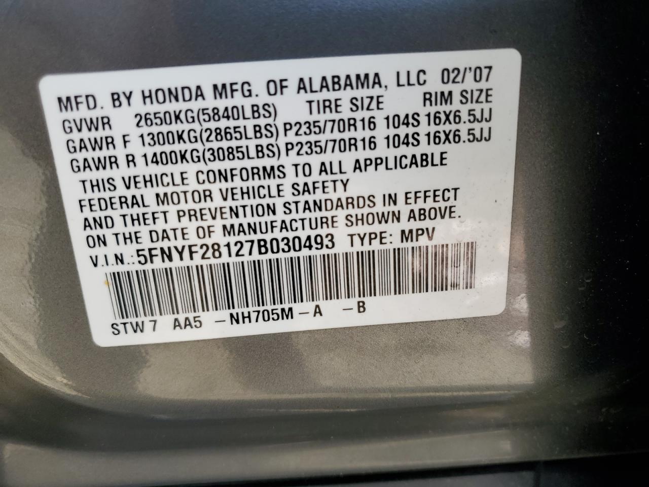 5FNYF28127B030493 2007 Honda Pilot Lx