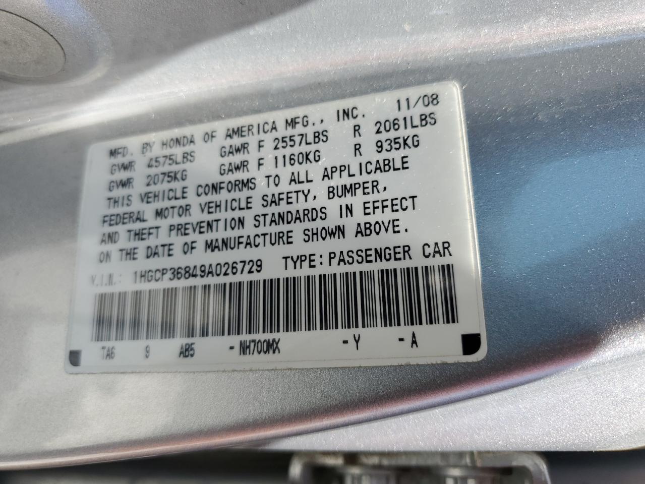 1HGCP36849A026729 2009 Honda Accord Exl