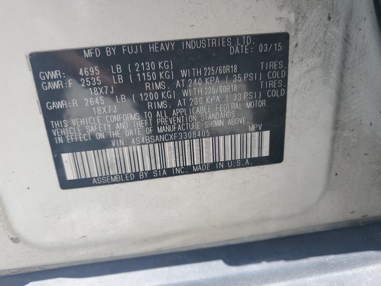 4S4BSANCXF3308405 2015 Subaru Outback 2.5I Limited