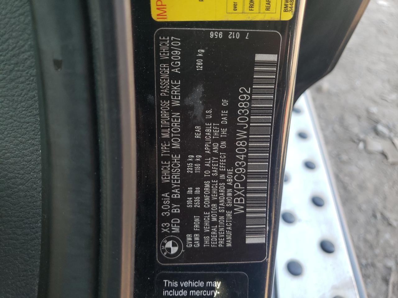 WBXPC93408WJ03892 2008 BMW X3 3.0Si