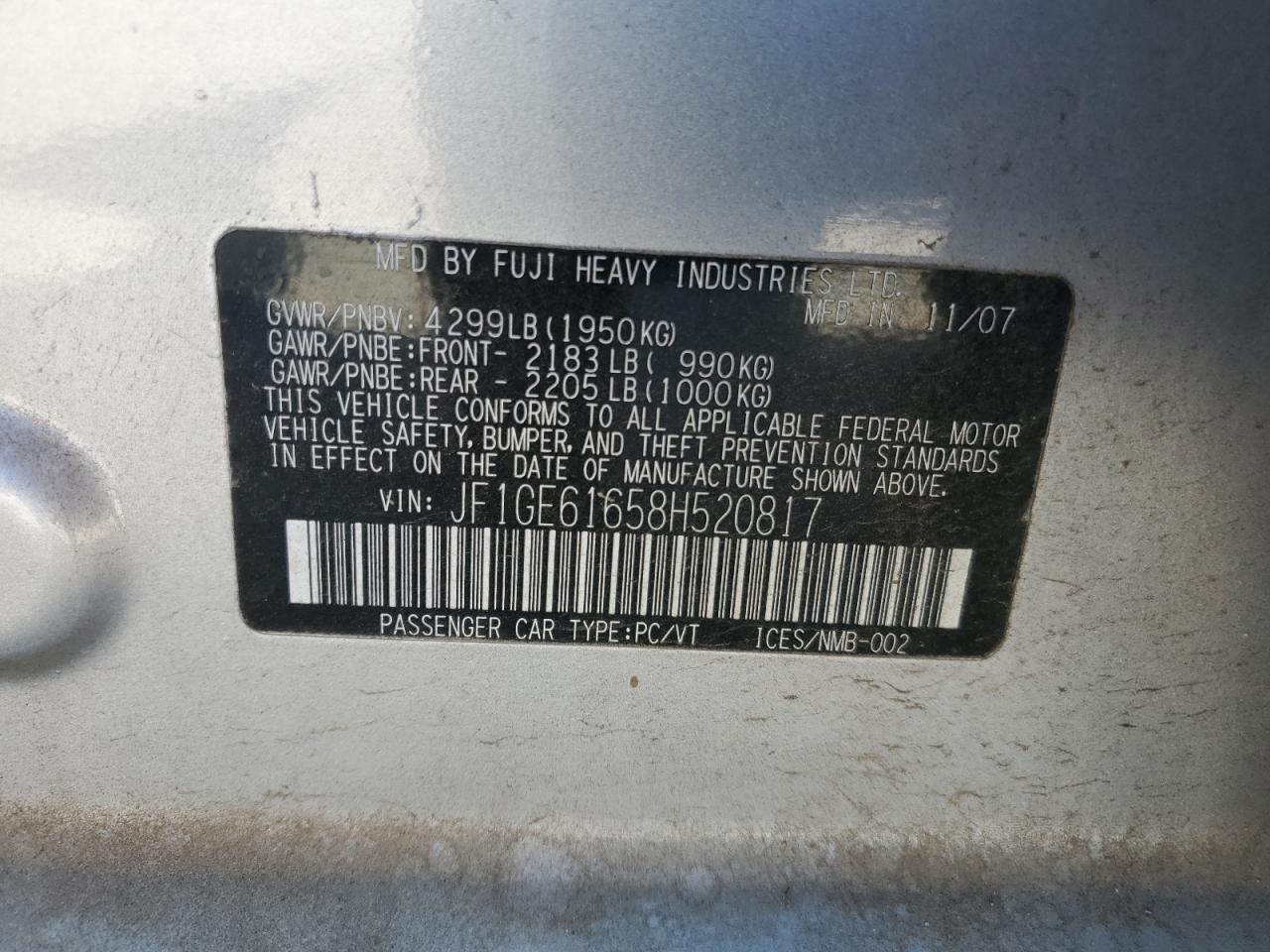 JF1GE61658H520817 2008 Subaru Impreza 2.5I