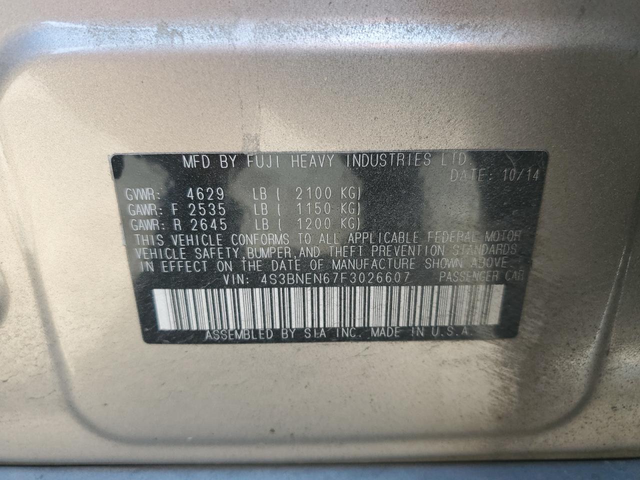 4S3BNEN67F3026607 2015 Subaru Legacy 3.6R Limited