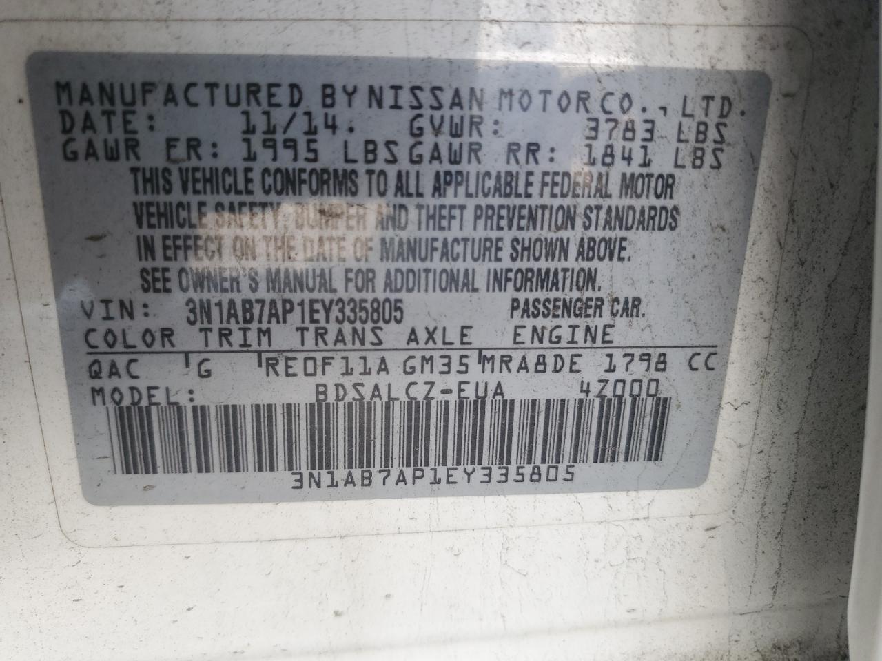 3N1AB7AP1EY335805 2014 Nissan Sentra S