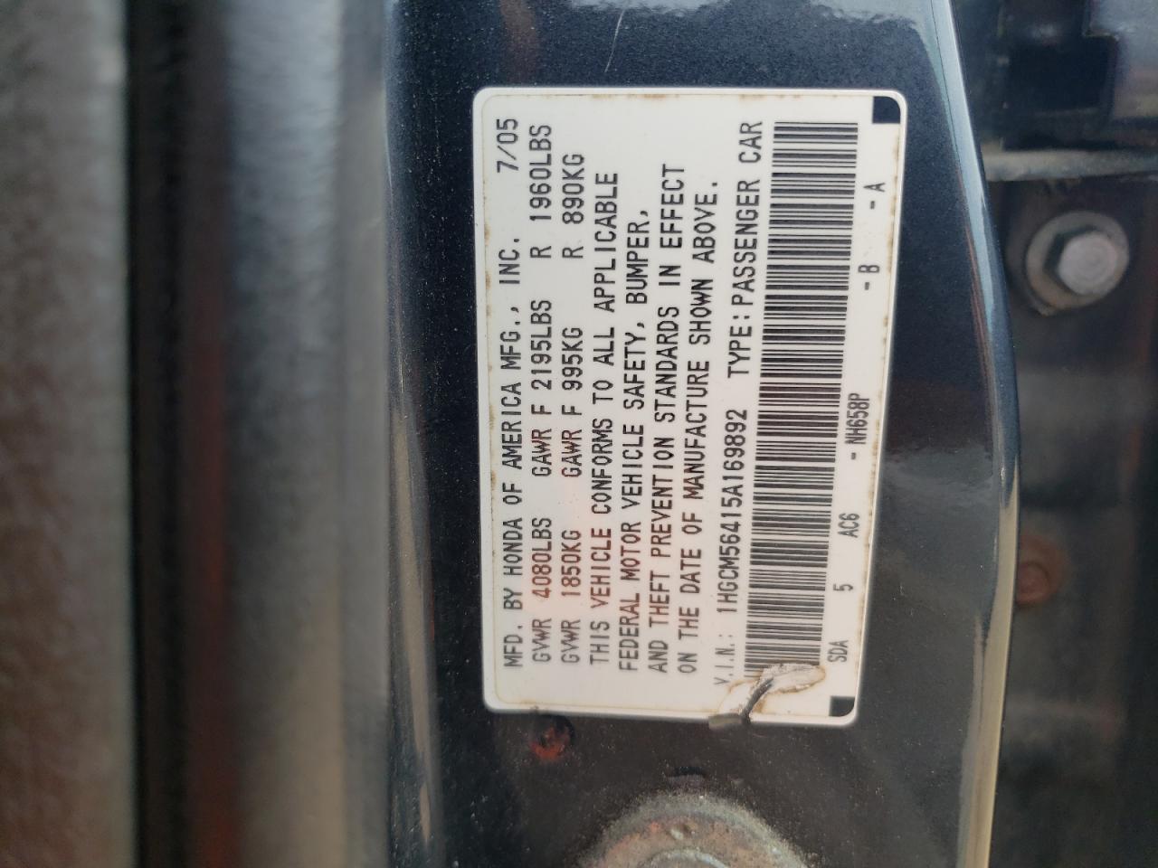 1HGCM56415A169892 2005 Honda Accord Lx