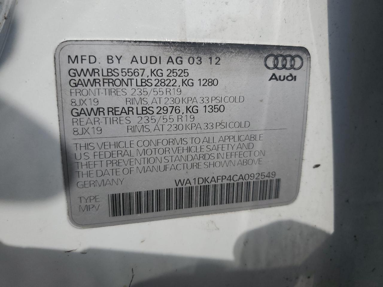 WA1DKAFP4CA092549 2012 Audi Q5 Premium Plus