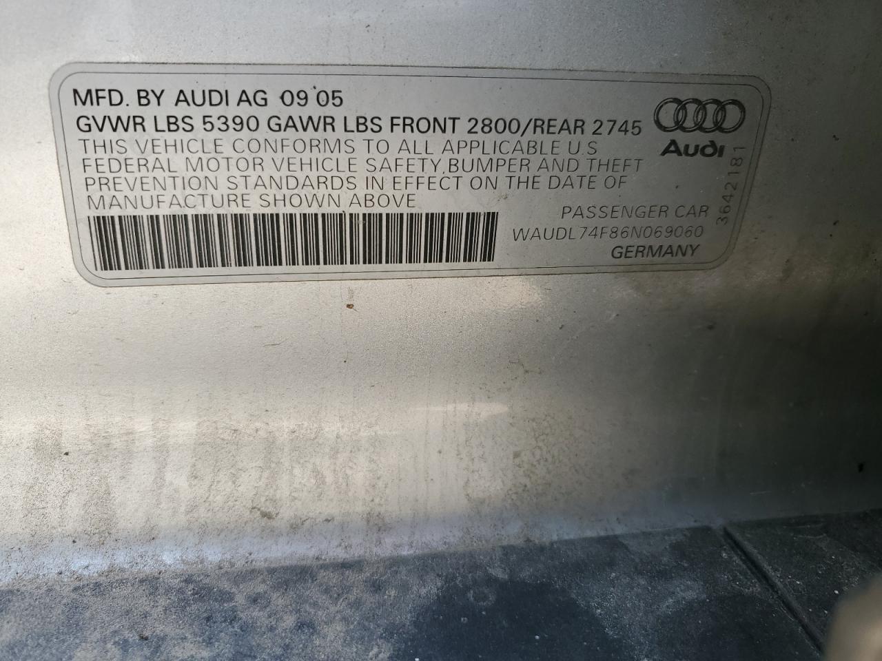 WAUDL74F86N069060 2006 Audi A6 4.2 Quattro