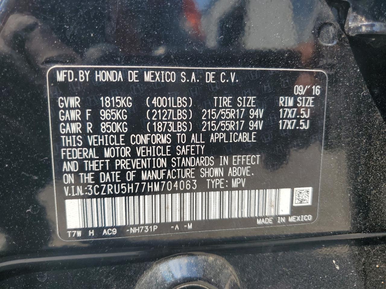 3CZRU5H77HM704063 2017 Honda Hr-V Exl