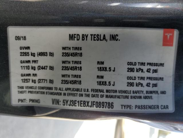 2018 Tesla Model 3 VIN: 5YJ3E1EBXJF089786 Lot: 58006064