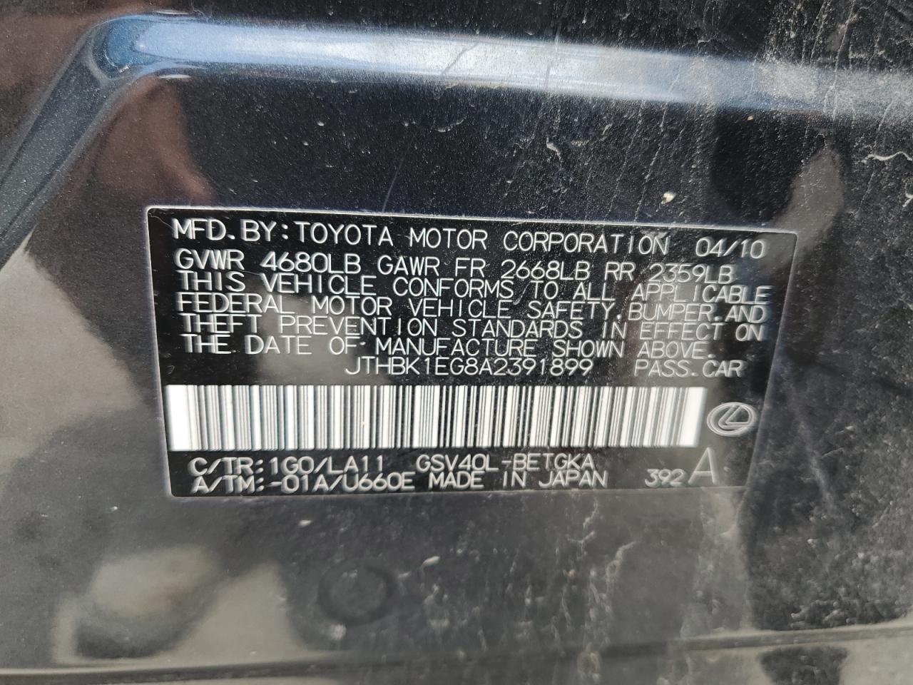 JTHBK1EG8A2391899 2010 Lexus Es 350