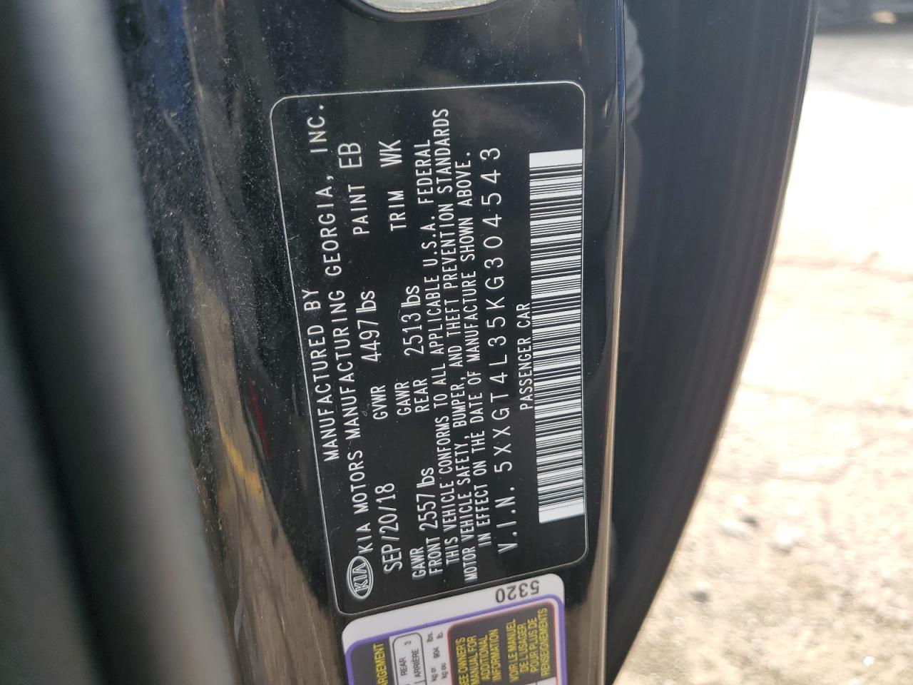 5XXGT4L35KG304543 2019 Kia Optima Lx