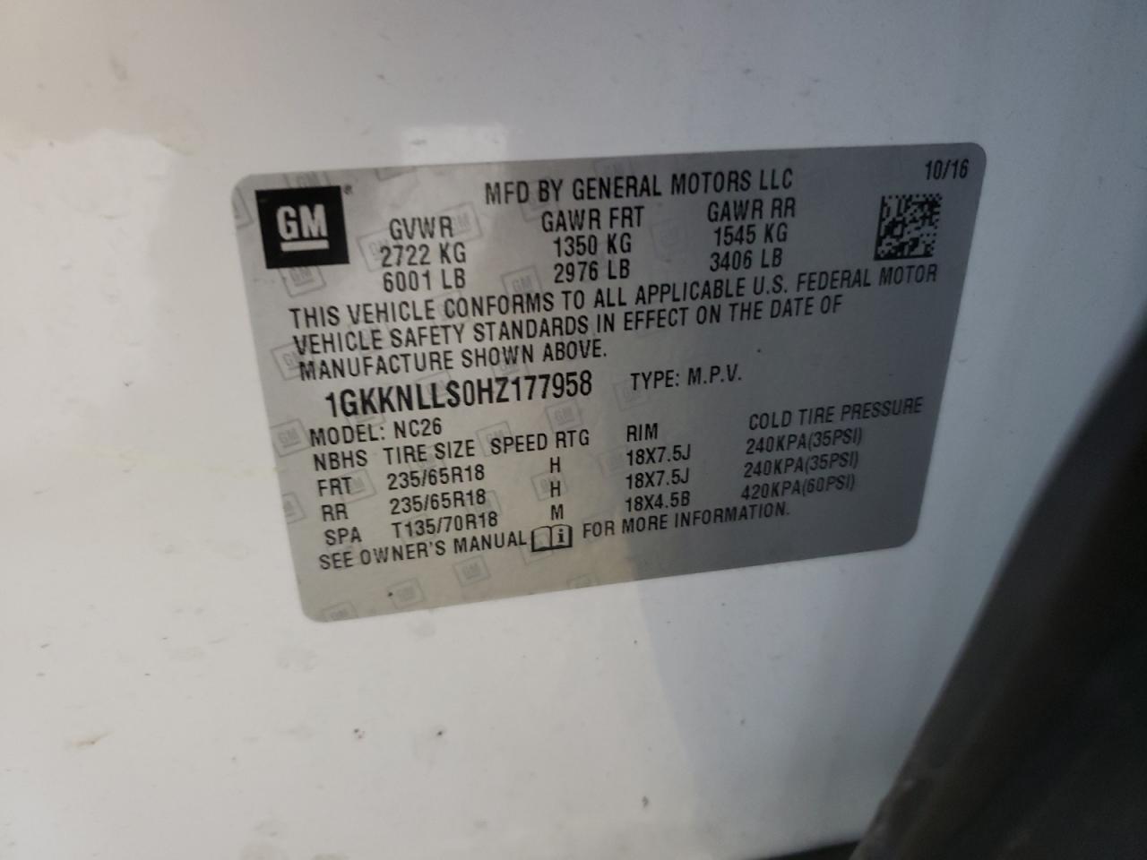 1GKKNLLS0HZ177958 2017 GMC Acadia Sle