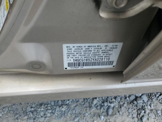 2000 Honda Accord Ex VIN: 1HGCG1652YA026110 Lot: 60263364