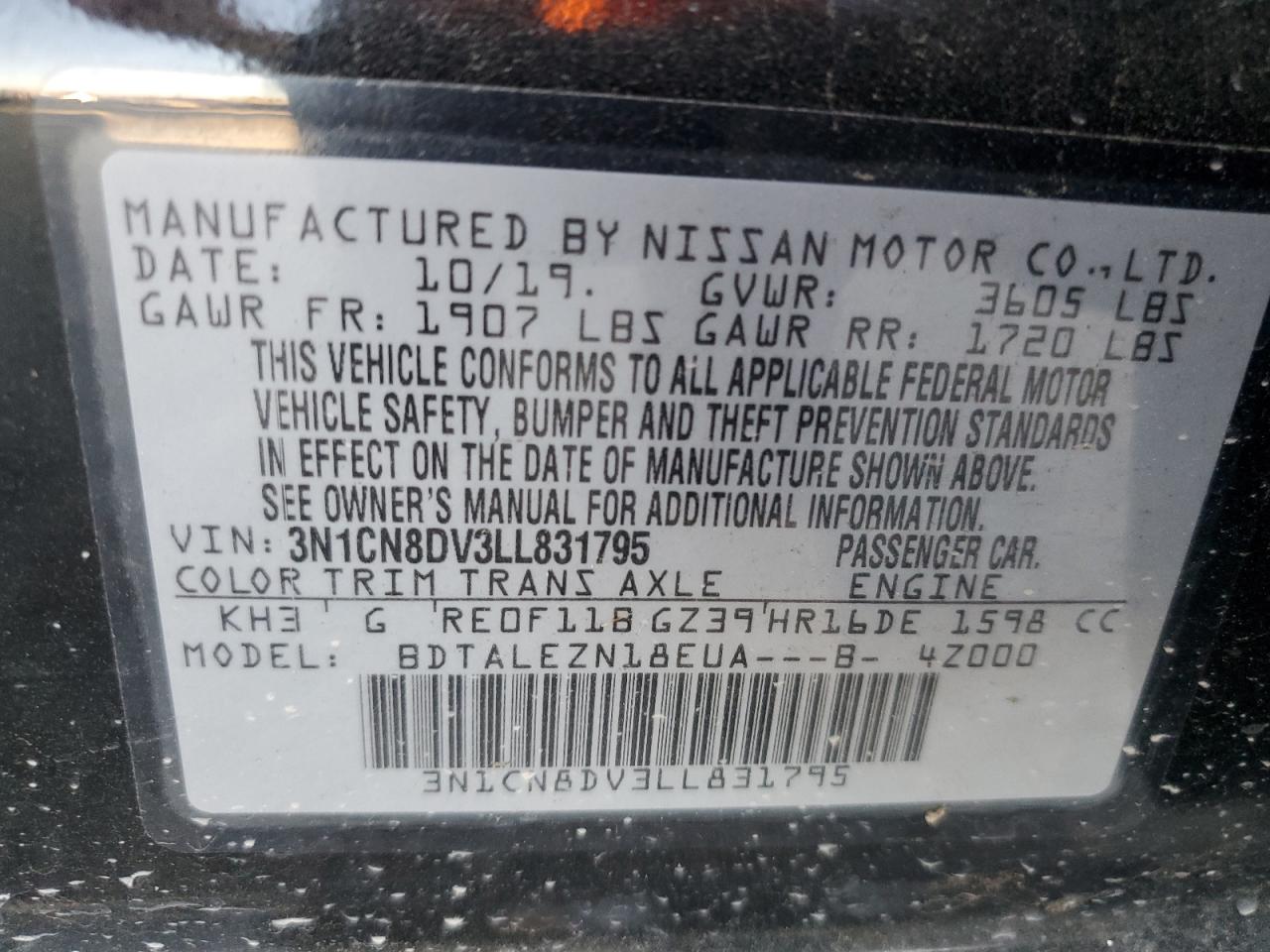 3N1CN8DV3LL831795 2020 Nissan Versa S