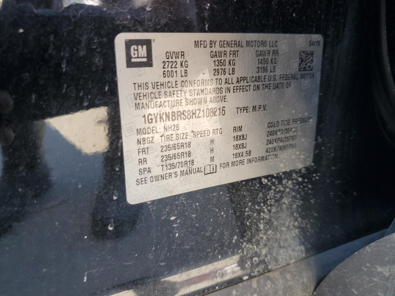 1GYKNBRS8HZ108216 2017 Cadillac Xt5 Luxury