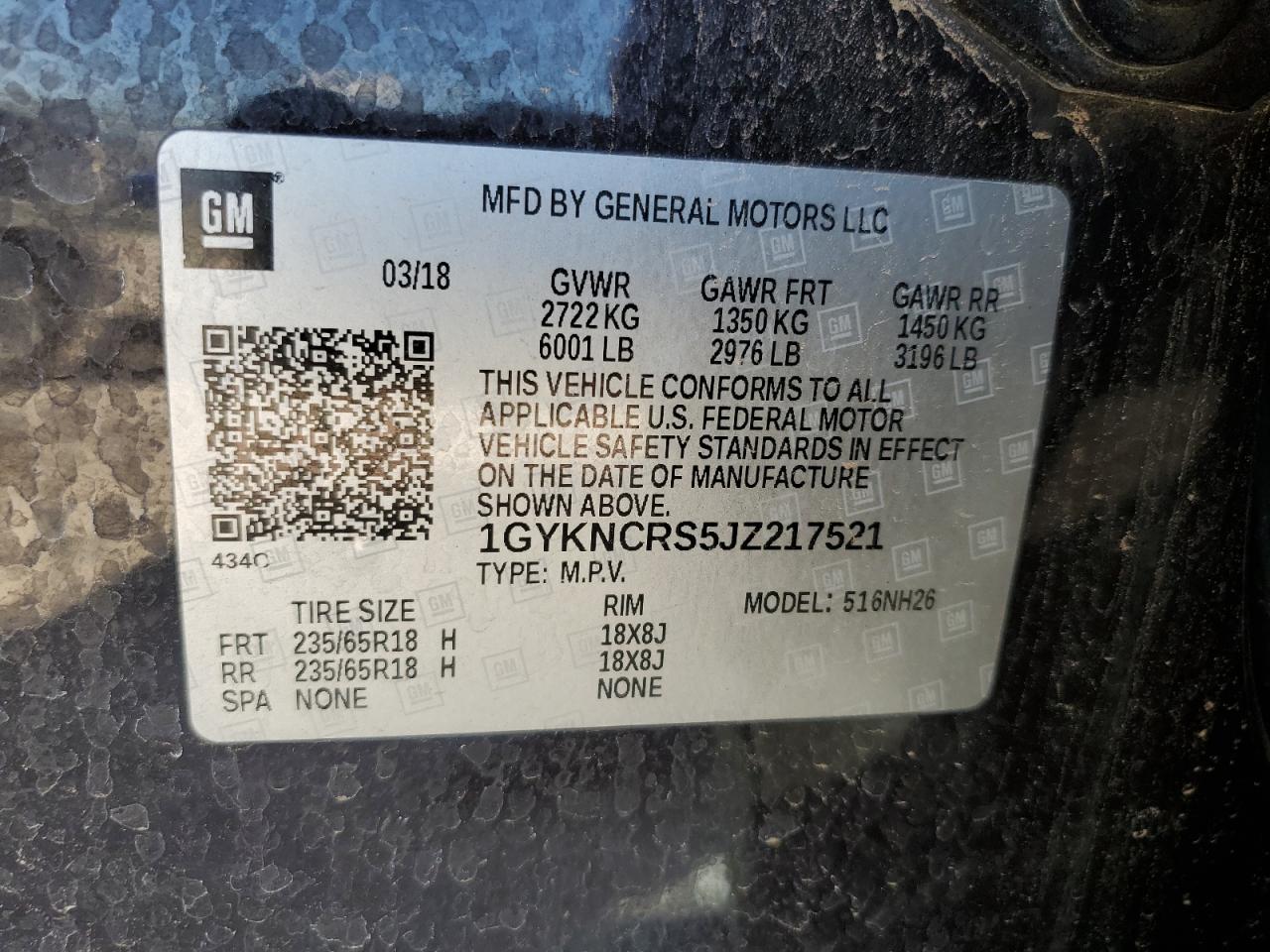 1GYKNCRS5JZ217521 2018 Cadillac Xt5 Luxury