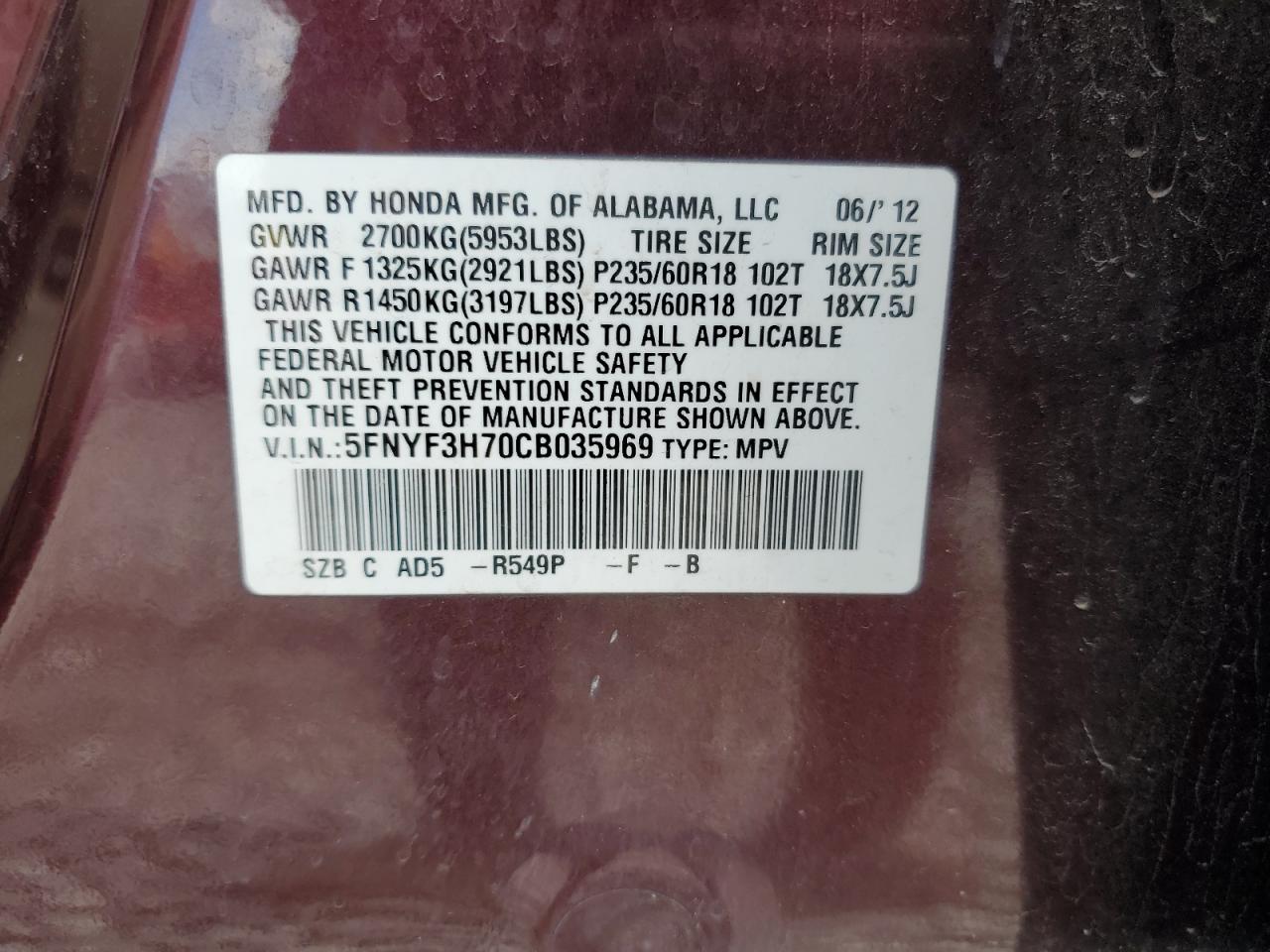 5FNYF3H70CB035969 2012 Honda Pilot Exln