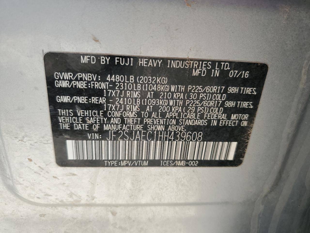 JF2SJAEC1HH439608 2017 Subaru Forester 2.5I Premium