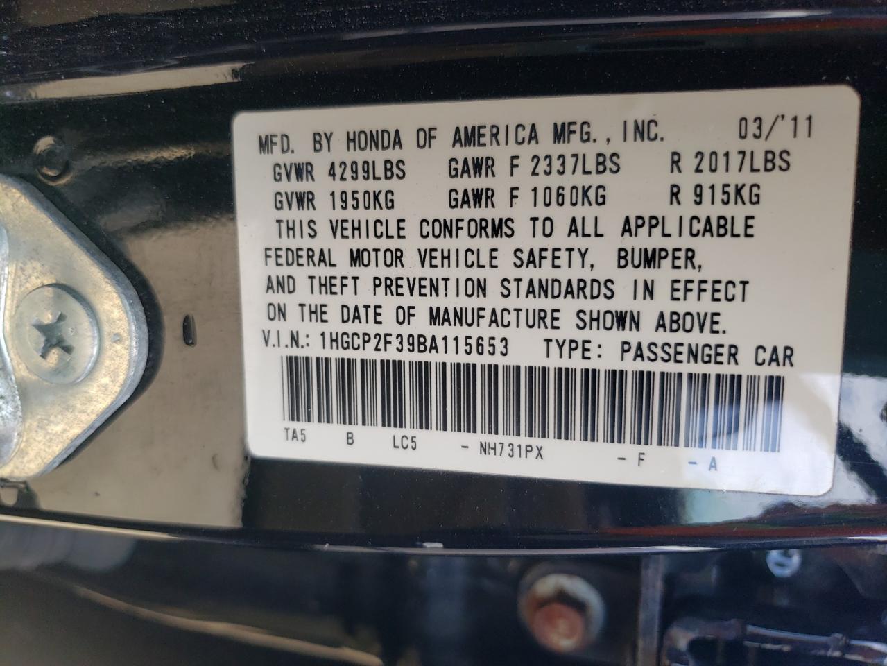 1HGCP2F39BA115653 2011 Honda Accord Lx