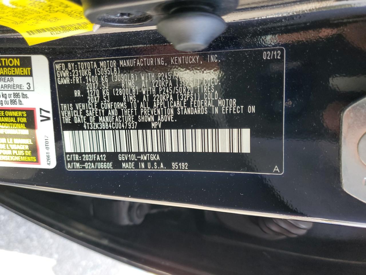 4T3ZK3BB4CU047937 2012 Toyota Venza Le