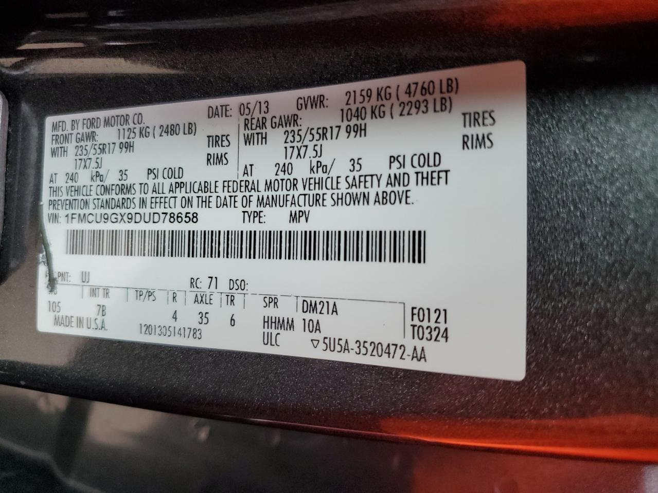 1FMCU9GX9DUD78658 2013 Ford Escape Se