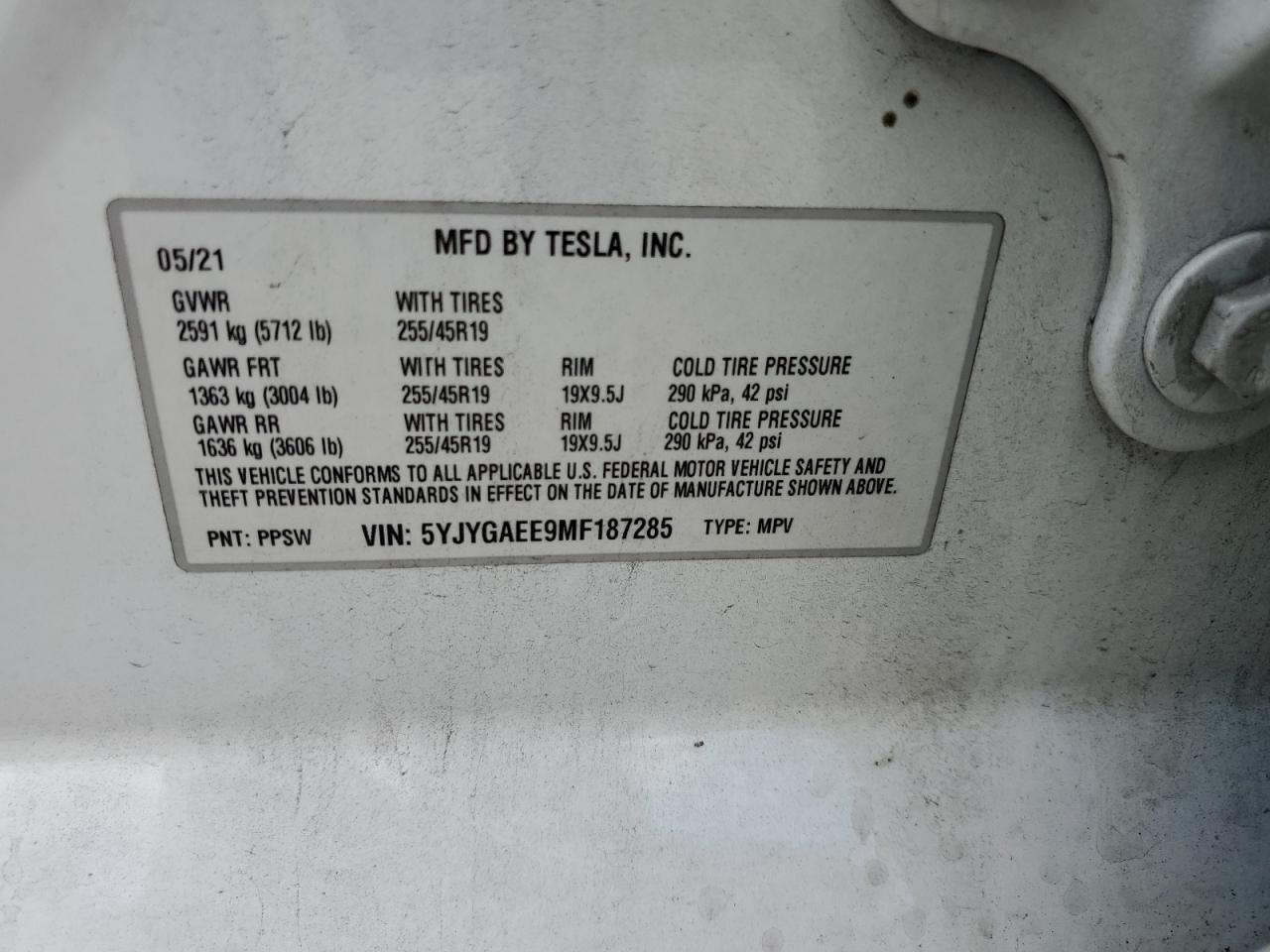 5YJYGAEE9MF187285 2021 Tesla Model Y