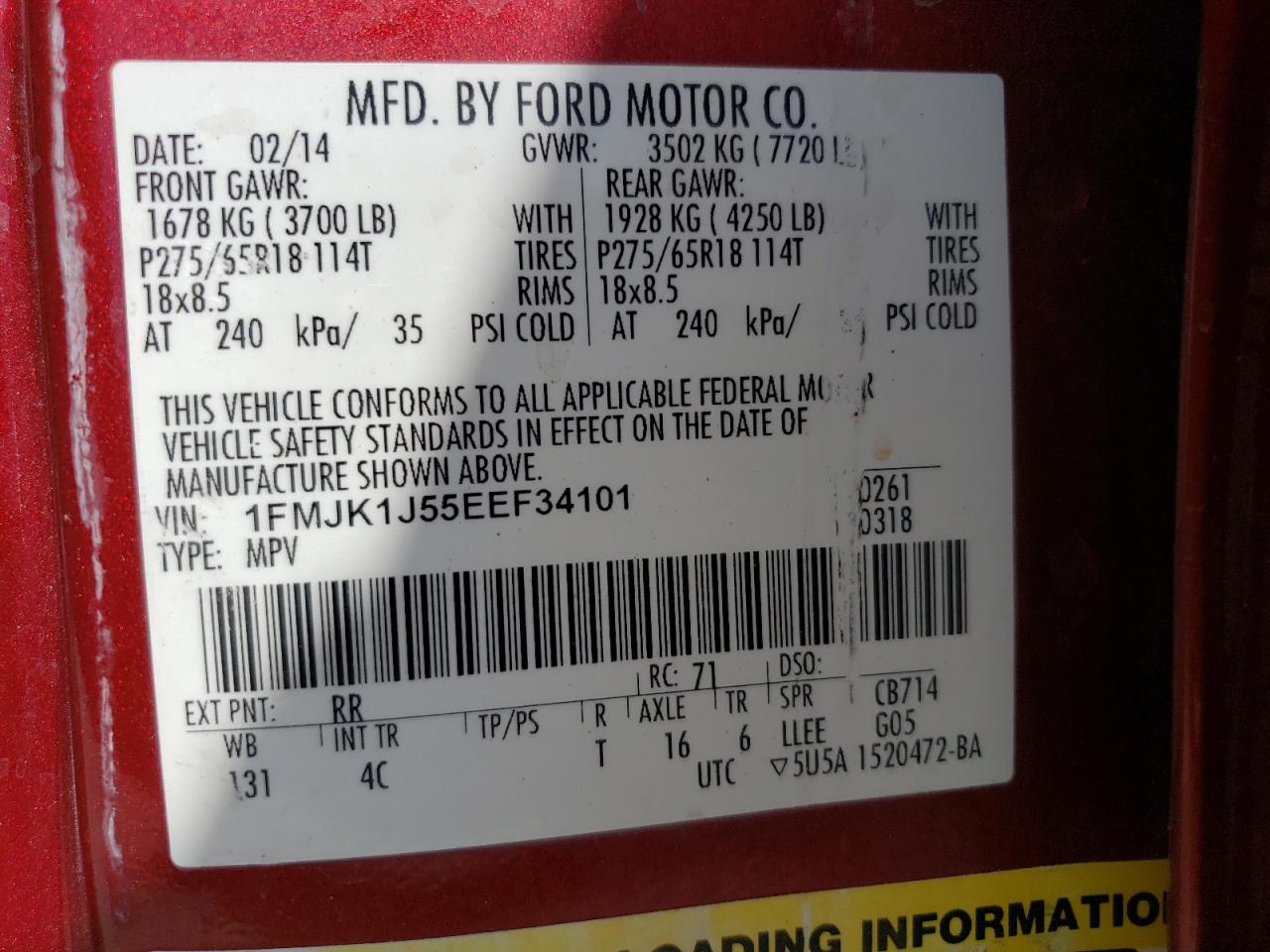 1FMJK1J55EEF34101 2014 Ford Expedition El Xlt