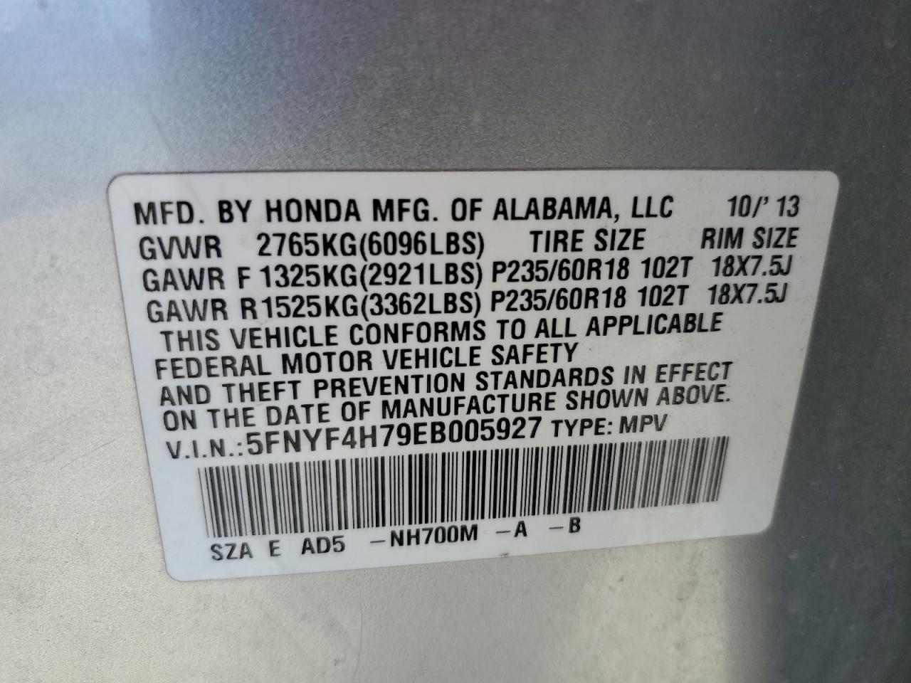 5FNYF4H79EB005927 2014 Honda Pilot Exln