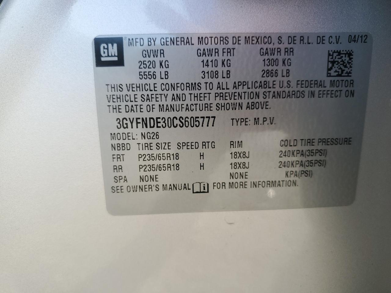 3GYFNDE30CS605777 2012 Cadillac Srx Luxury Collection