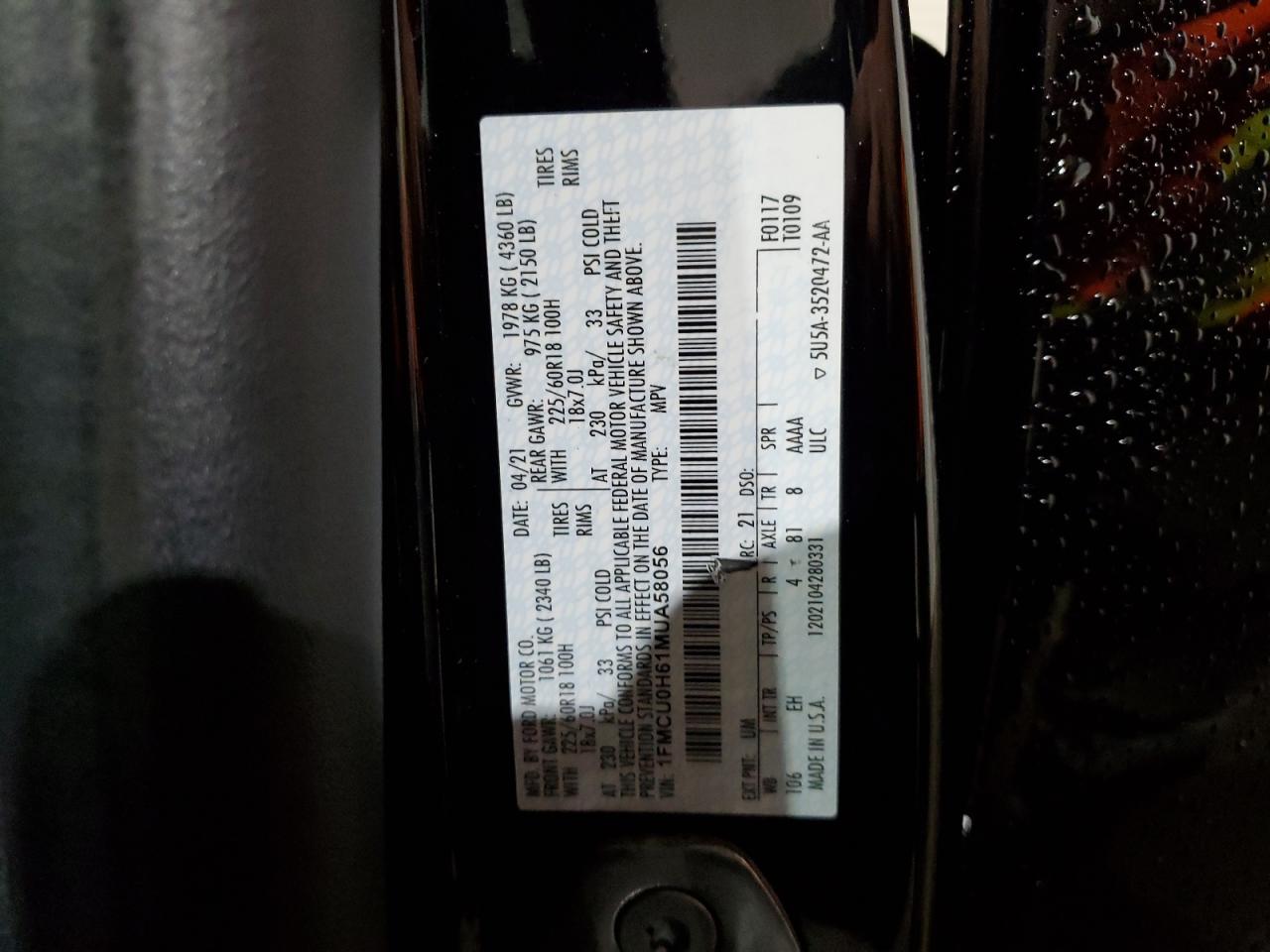 1FMCU0H61MUA58056 2021 Ford Escape Sel