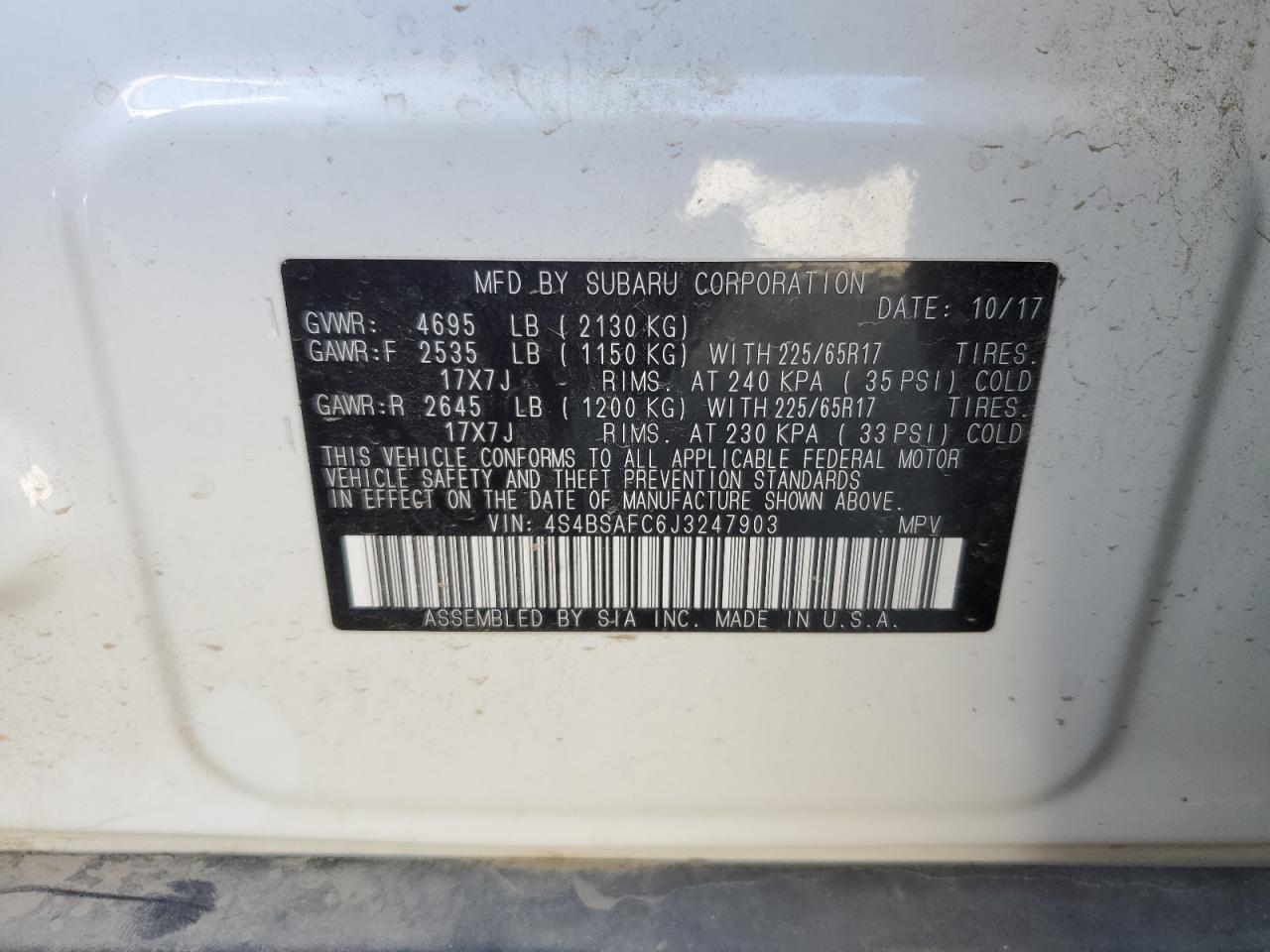 4S4BSAFC6J3247903 2018 Subaru Outback 2.5I Premium