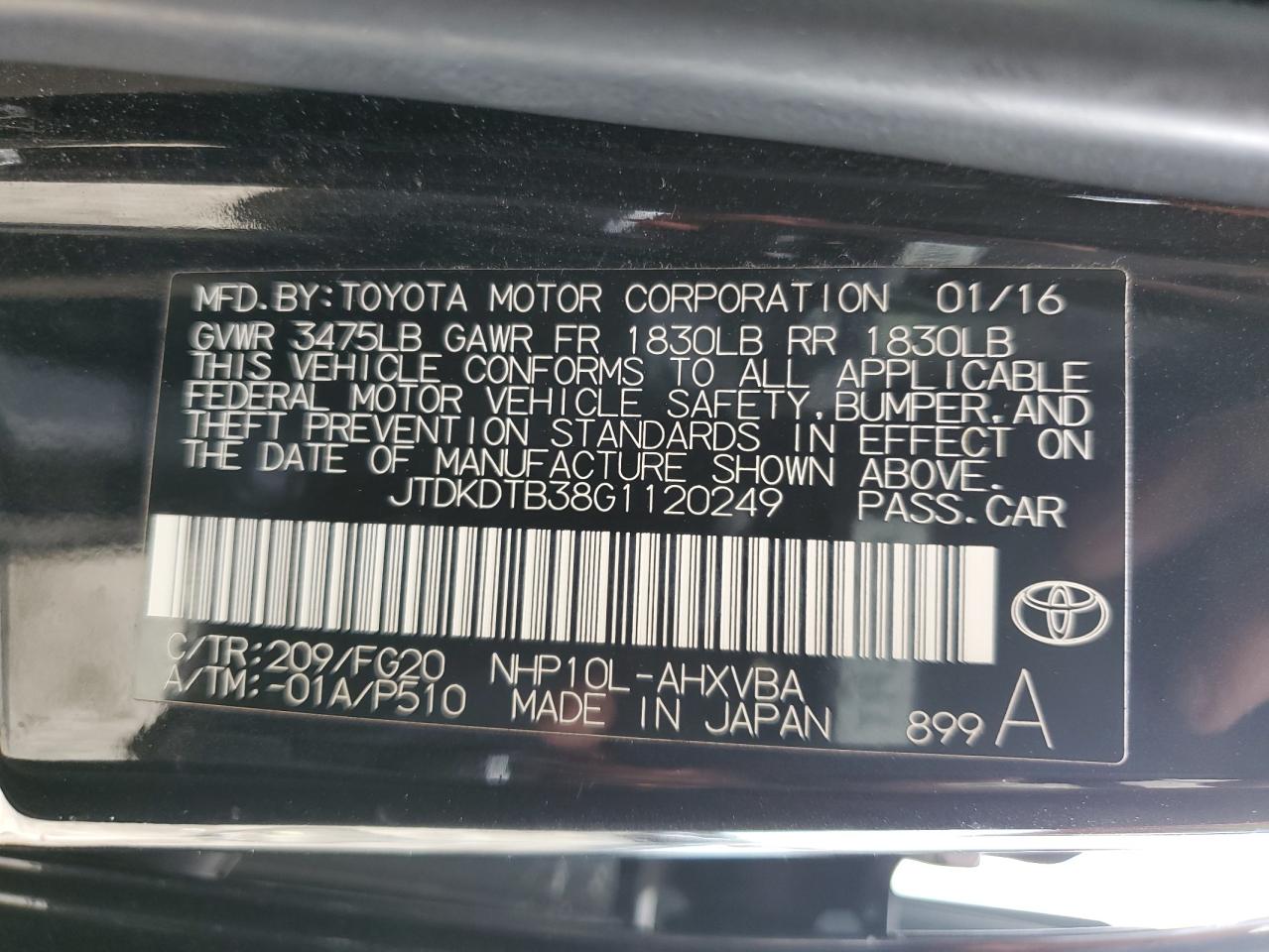 JTDKDTB38G1120249 2016 Toyota Prius C