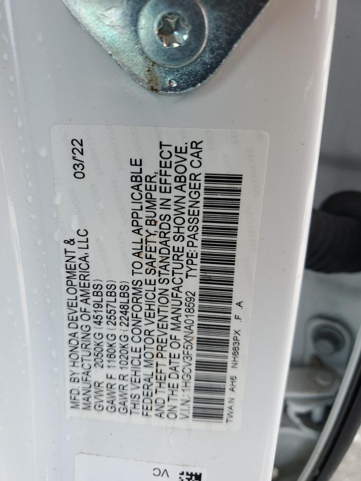 1HGCV3F5XNA018592 2022 Honda Accord Hybrid Exl