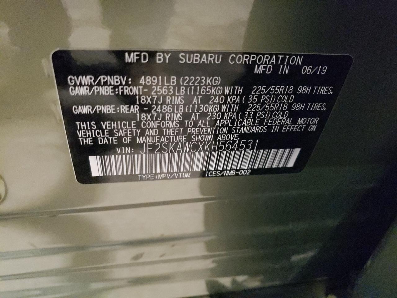 JF2SKAWCXKH564531 2019 Subaru Forester Touring