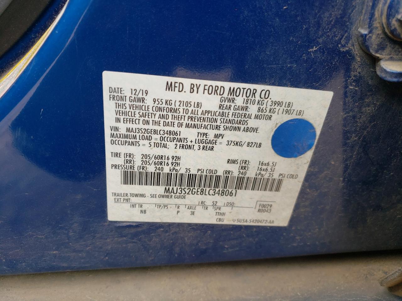 MAJ3S2GE8LC348061 2020 Ford Ecosport Se