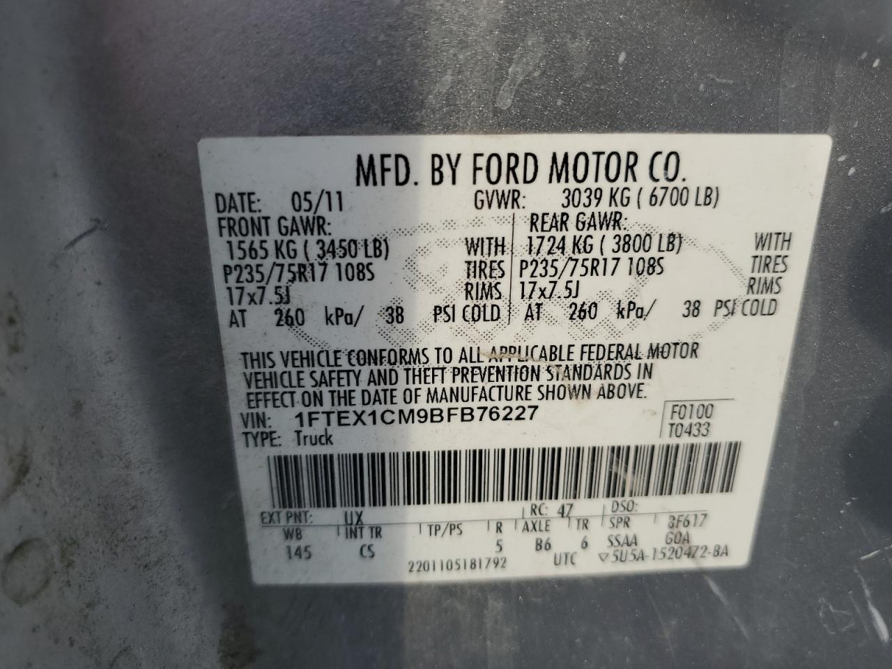 1FTEX1CM9BFB76227 2011 Ford F150 Super Cab