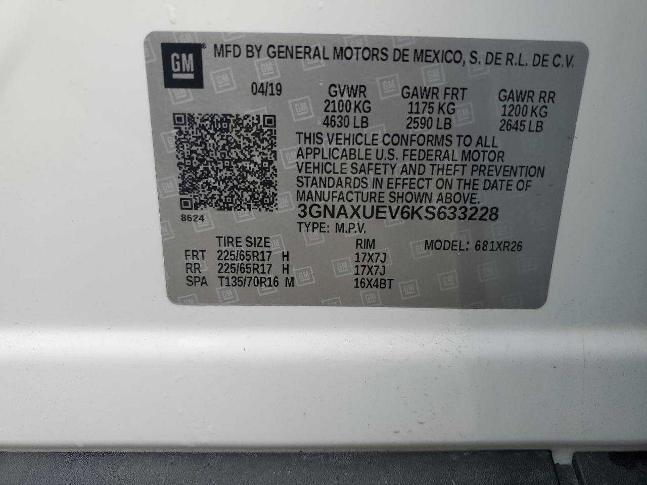 3GNAXUEV6KS633228 2019 Chevrolet Equinox Lt