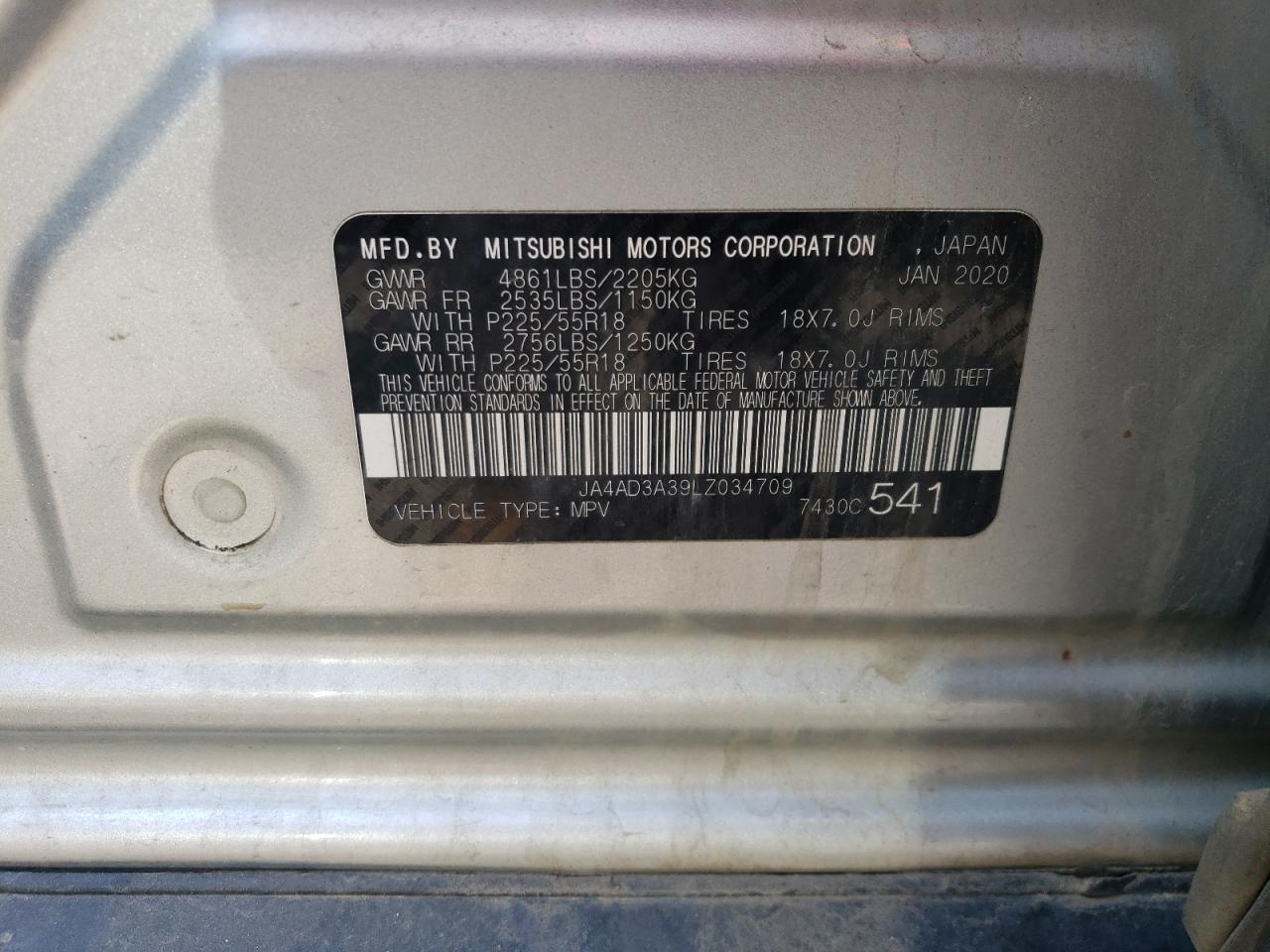 JA4AD3A39LZ034709 2020 Mitsubishi Outlander Se