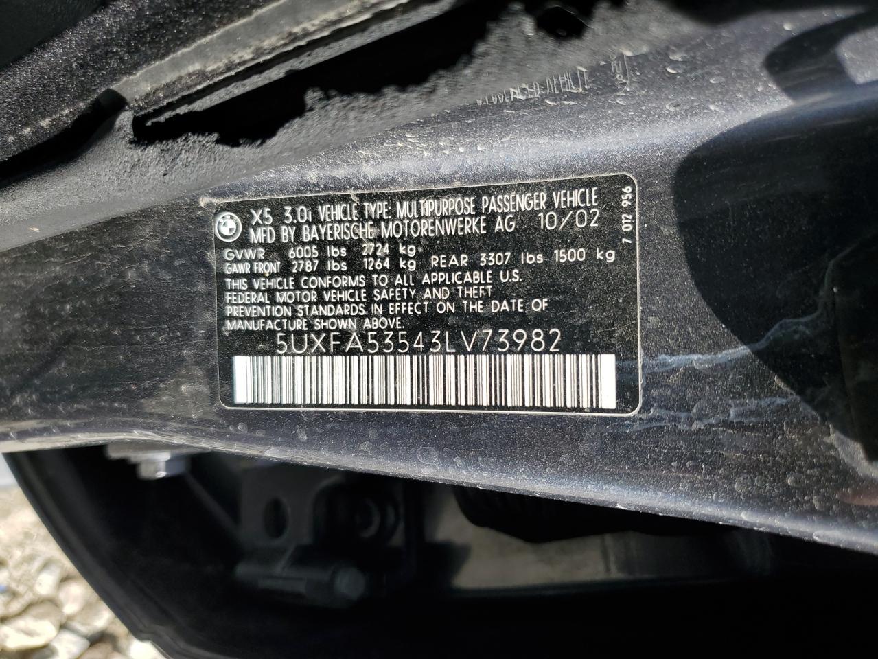 5UXFA53543LV73982 2003 BMW X5 3.0I