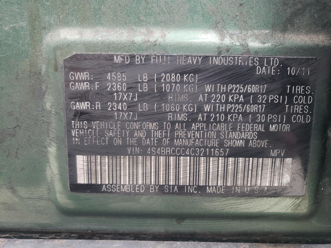 4S4BRCCC4C3211657 2012 Subaru Outback 2.5I Premium