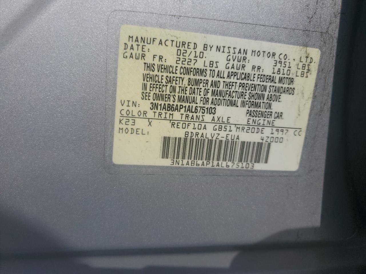 3N1AB6AP1AL675103 2010 Nissan Sentra 2.0