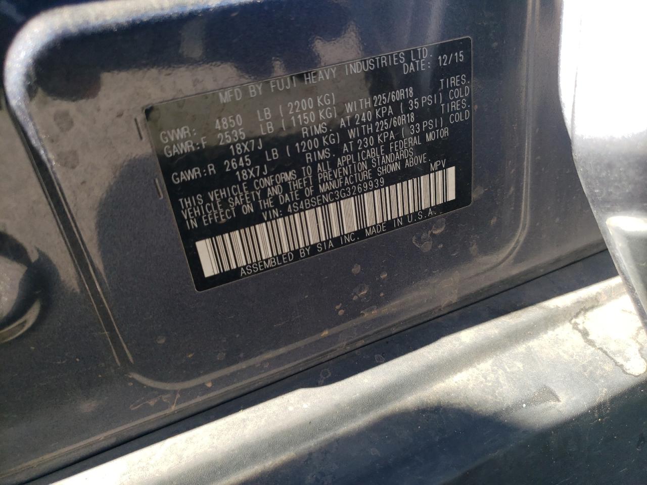 4S4BSENC3G3269939 2016 Subaru Outback 3.6R Limited