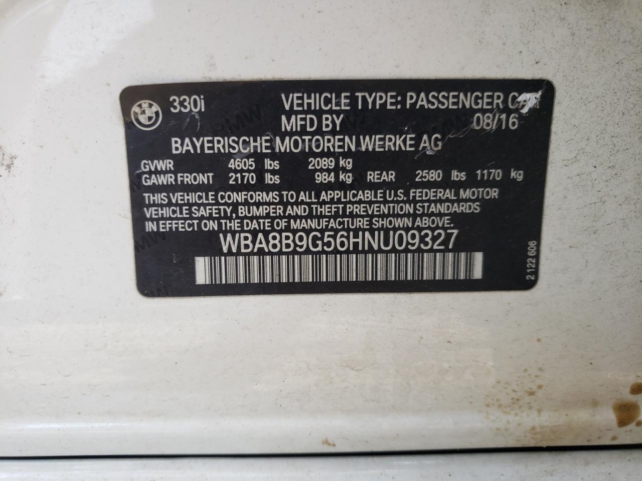 WBA8B9G56HNU09327 2017 BMW 330 I