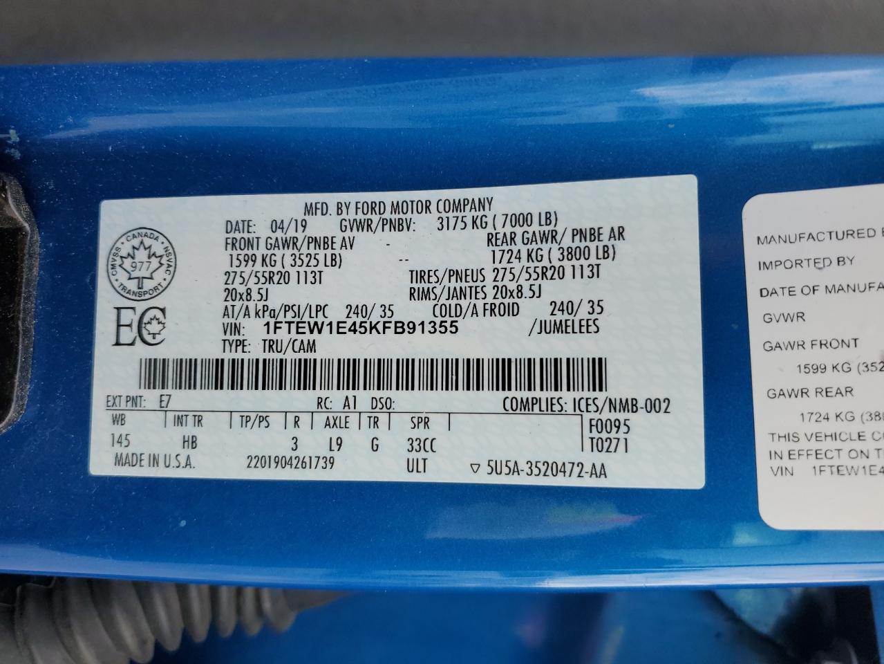 1FTEW1E45KFB91355 2019 Ford F150 Supercrew