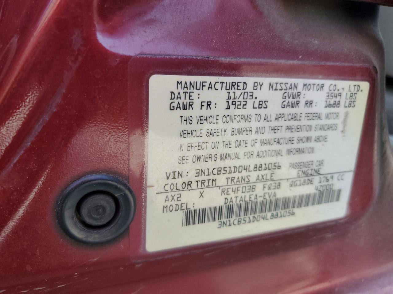 3N1CB51D04L881056 2004 Nissan Sentra 1.8