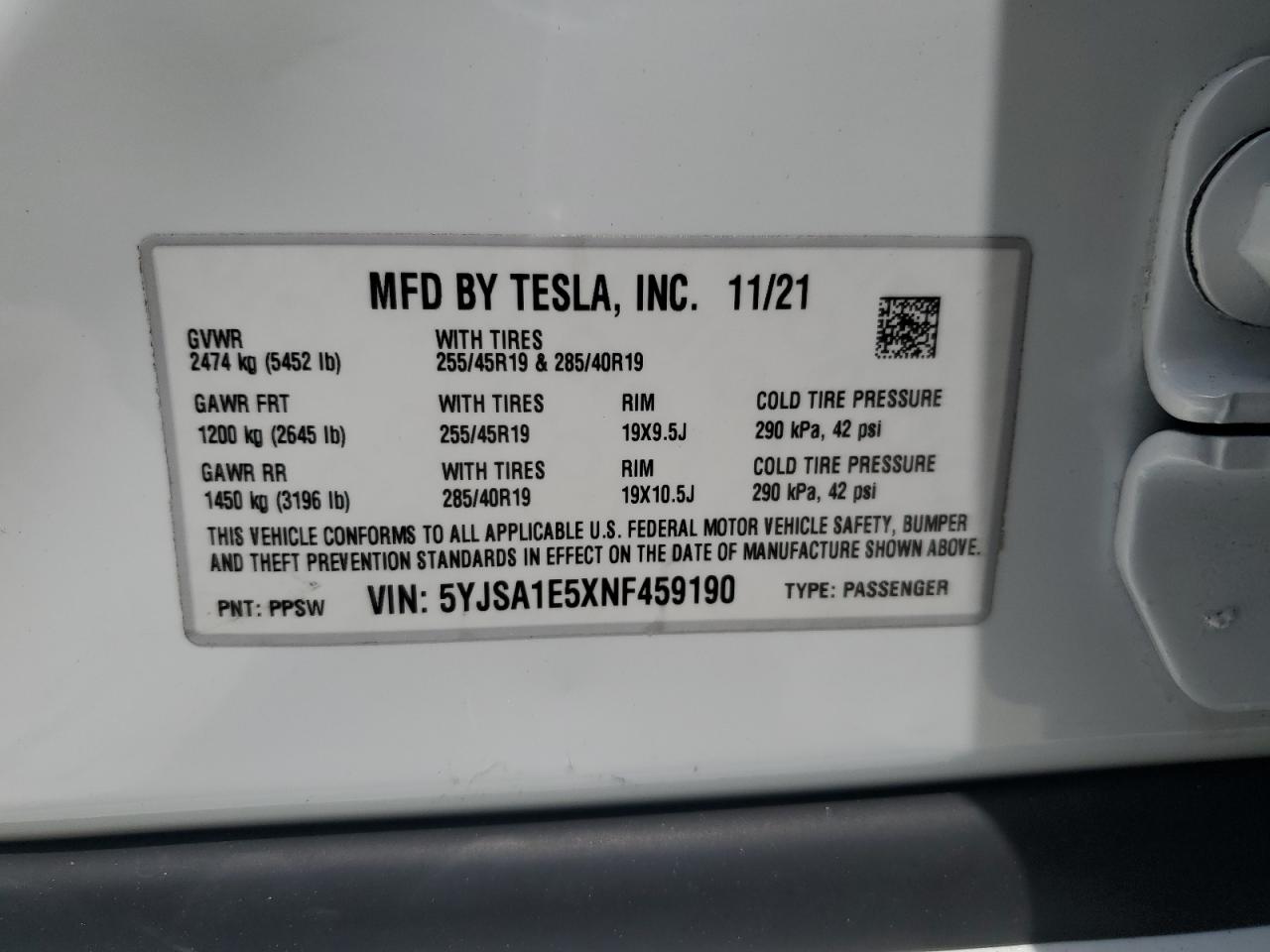 5YJSA1E5XNF459190 2022 Tesla Model S