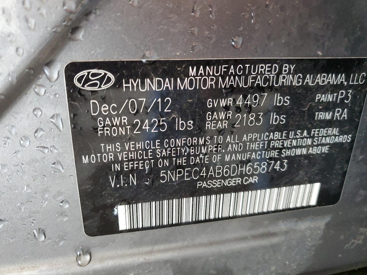 5NPEC4AB6DH658743 2013 Hyundai Sonata Se