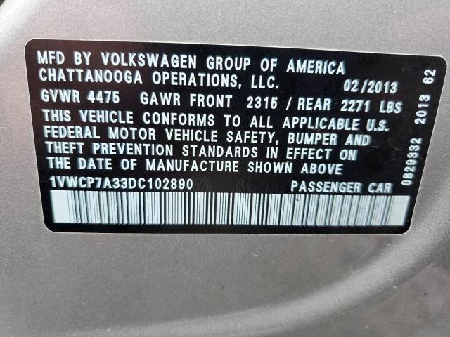 2013 Volkswagen Passat Sel VIN: 1VWCP7A33DC102890 Lot: 60757744