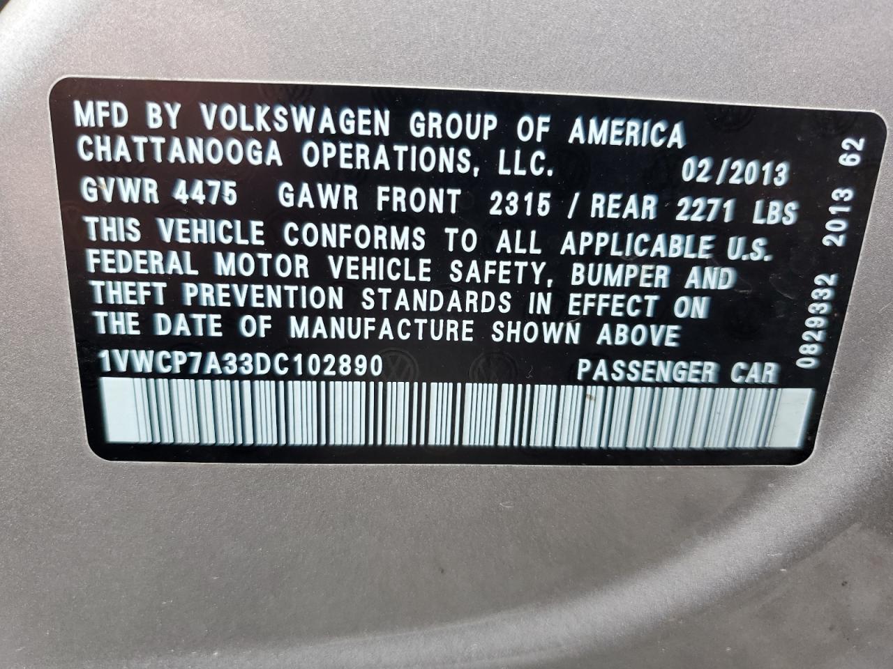 1VWCP7A33DC102890 2013 Volkswagen Passat Sel