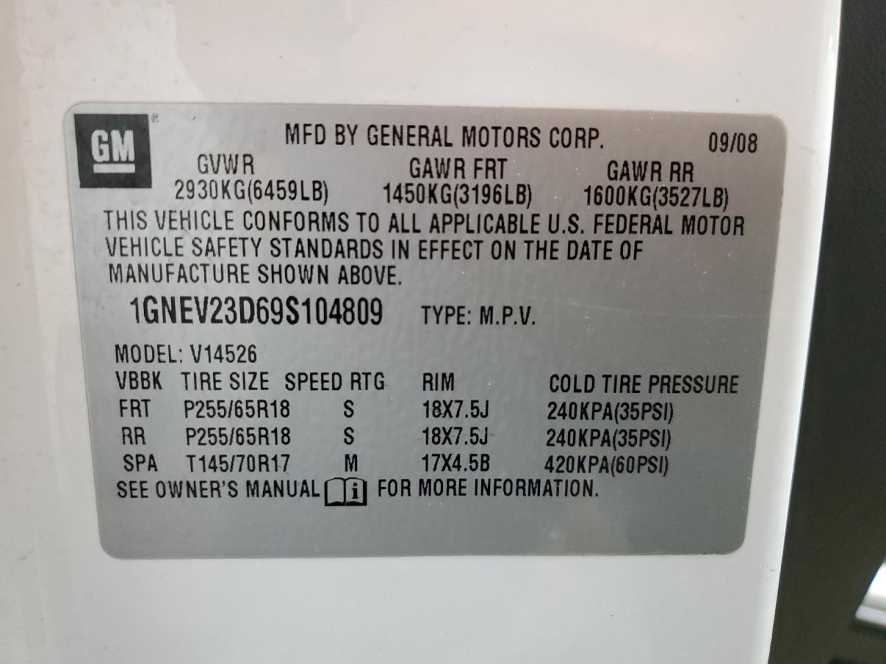 1GNEV23D69S104809 2009 Chevrolet Traverse Lt